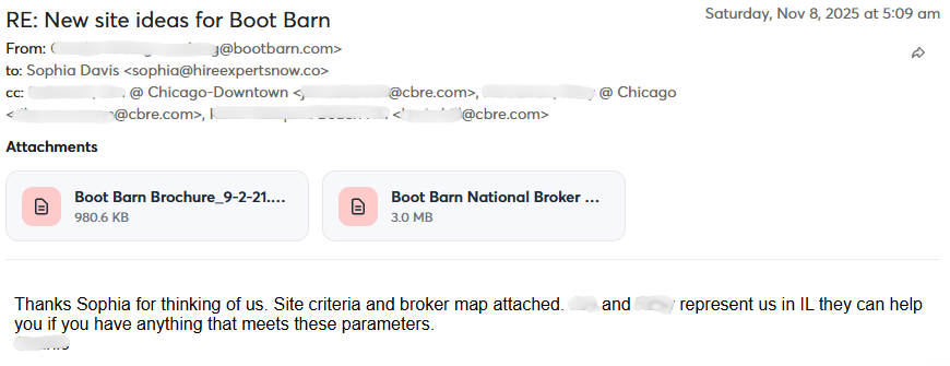 Email reply from Boot Barn about new site ideas