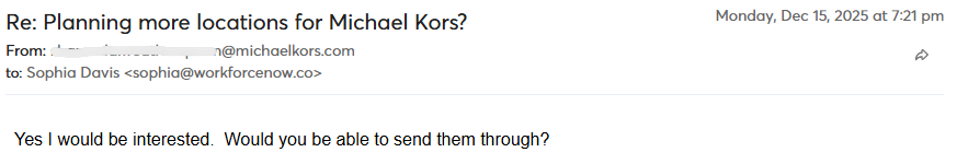 Email reply from Michael Kors about planning more locations